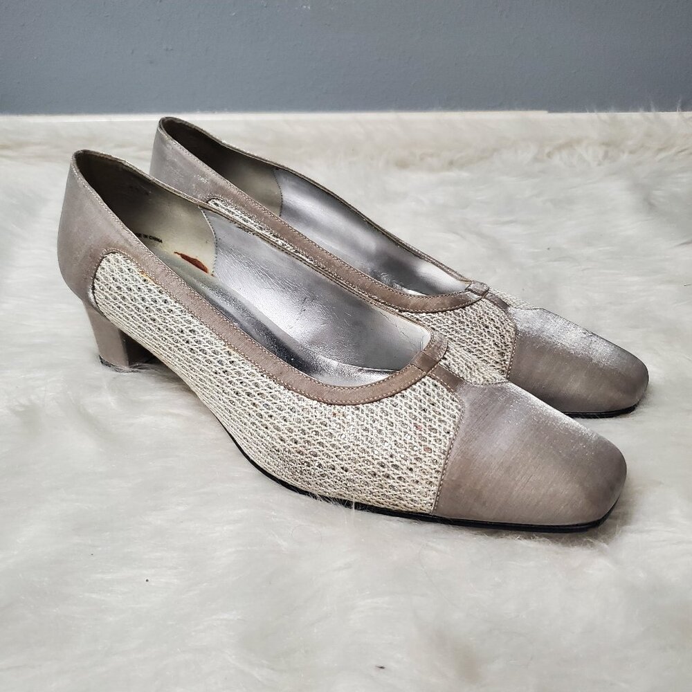 J. Renee Gold/Silver Satin/Mesh Glittery Formal Block Heel, 11